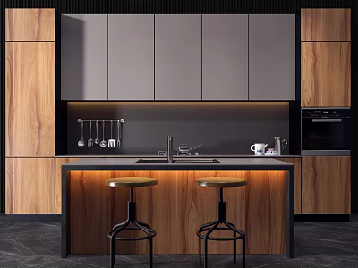 Modern Kitchen Interior With Gray And Wooden Cabinets Island Counter And Bar Stools 3d model