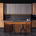 Modern Kitchen Interior With Gray And Wooden Cabinets Island Counter And Bar Stools