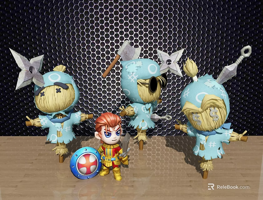 Blue Straw Scarecrow Dolls With Red Haired Figure Golden Armor And Shield 3d model 