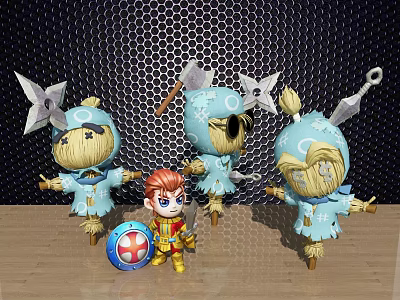 Blue Straw Scarecrow Dolls With Red Haired Figure Golden Armor And Shield 3d model