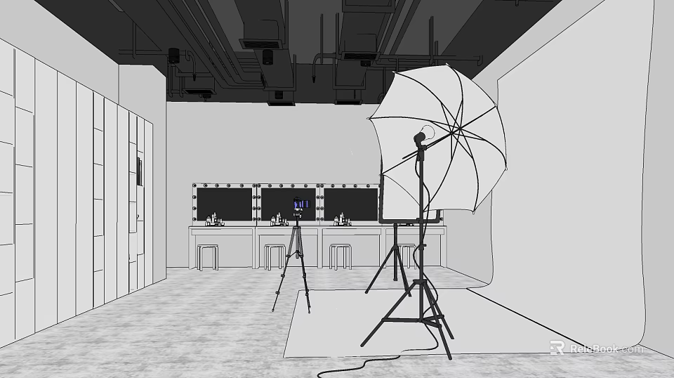 Professional Photography Studio Setup With Umbrella Light Tripod And Backdrop Screens 3d model 