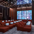 Home Theater Room Interior With Multiple Screens Red Seats And Ceiling Lights