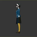 3D Female Character With White Headscarf Blue Cardigan Dark Blue Skirt Yellow Stockings Arms Outstretched