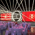 Large Event Venue Setup With Red Backdrops Pink Seats And Circular Decor 3d model