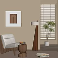 Beige Single Sofa With Wooden Frame Side Table Floor Lamp And Plant In Living Room