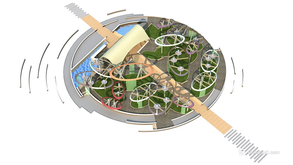 Circular Outdoor Garden Design Featuring Green Landscaping Wooden Walkway And Circular Structures 3d model 