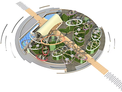Circular Outdoor Garden Design Featuring Green Landscaping Wooden Walkway And Circular Structures 3d model
