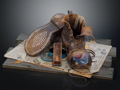 Vintage Leather Boots With Studded Soles On Wooden Pallet And Old Newspaper 3d model