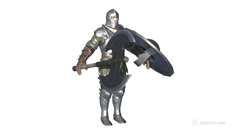 Silver Armored Warrior Character Holding Battle Axe And Shield In Combat Stance 3d model 