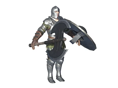 Silver Armored Warrior Character Holding Battle Axe And Shield In Combat Stance 3d model