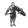 Silver Armored Warrior Character Holding Battle Axe And Shield In Combat Stance