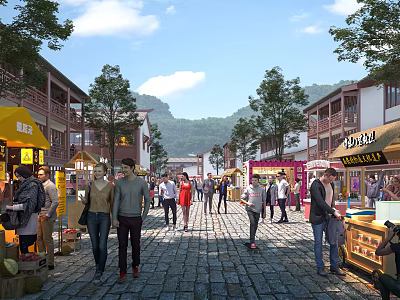 Bustling Commercial Street With Pedestrians Shops Lush Street Trees And Cobblestone Pavement 3d model