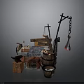 Ancient Blacksmith Workshop Scene With Furnace Anvil Wooden Barrel Iron Chain And Tools