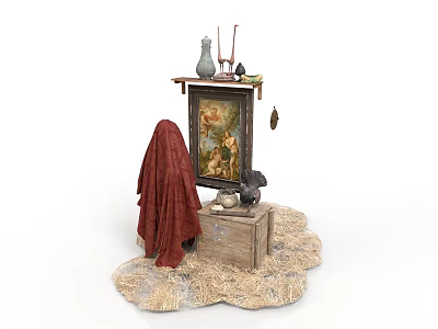 Vintage Oil Painting With Small Shelf Vase Art Tools Red Cloth Wooden Box Straw Mat 3d model