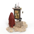 Vintage Oil Painting With Small Shelf Vase Art Tools Red Cloth Wooden Box Straw Mat