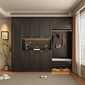 Modern Dark Wardrobe With Storage Cabinets Hanging Area Bench And Decor 3d model