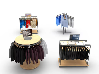 Clothing Store Display Racks With Colorful Shirts And Hanging Apparel On Sale 3d model