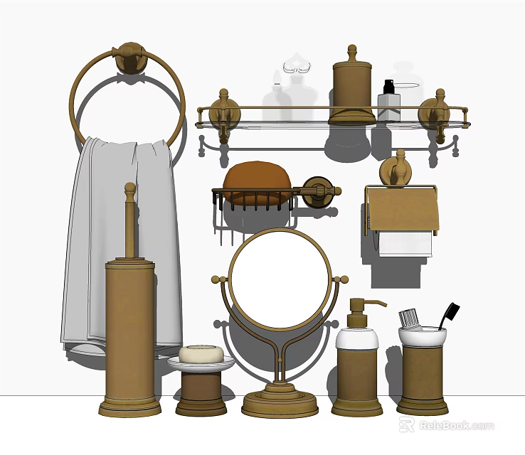 Vintage Bathroom Accessories With Towel Rack Soap Dish Mirror Dispenser And Holder 3d model 