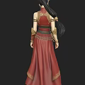 Woman In Gorgeous Red Long Dress With Gold Patterns High Slit And Arm Decorations