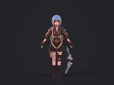 Game Movie Character With Blue Helmet Brown Outfit Axe And Knee Pads 3d model
