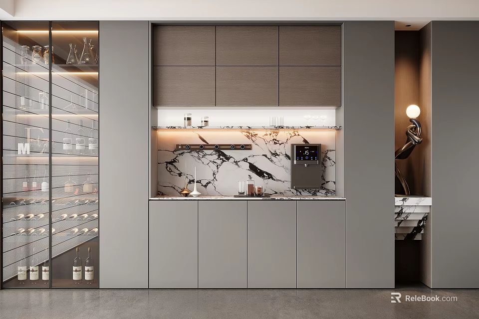 Modern Wine Cabinet Design Featuring Glass Display Doors Marble Countertop And Built-in Lighting 3d model 