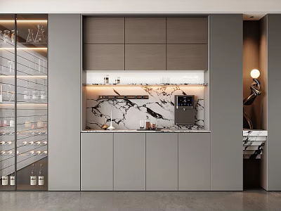 Modern Wine Cabinet Design Featuring Glass Display Doors Marble Countertop And Built-in Lighting 3d model