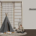 Fun Kids Playground With Tepee Tent Rocking Horse Wooden Ladder Rope Structure And Round Rug