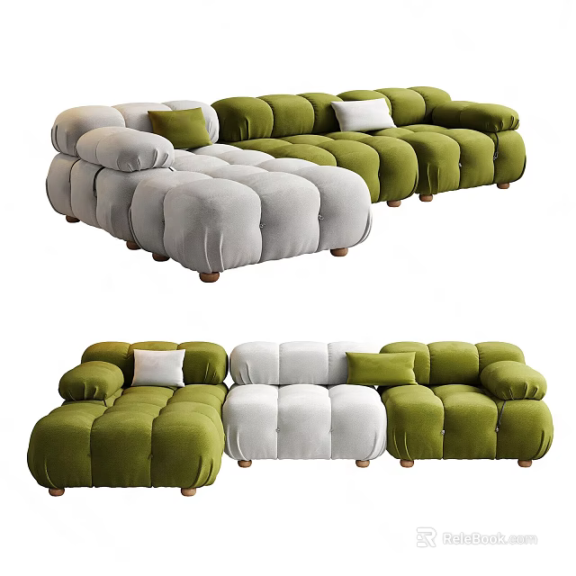 Modern Sectional Sofa with Green Gray Velvet Puffy Modules and Wooden Legs 3d model 
