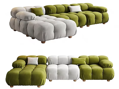 Modern Sectional Sofa with Green Gray Velvet Puffy Modules and Wooden Legs 3d model