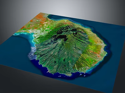 3D Rendered Island Landscape With Green Mountainous Terrain And Blue Ocean Surroundings 3d model