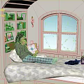 Cartoon Scene Featuring Girl on Bed Reading Book With Mug Near Snowy Window Black Cat