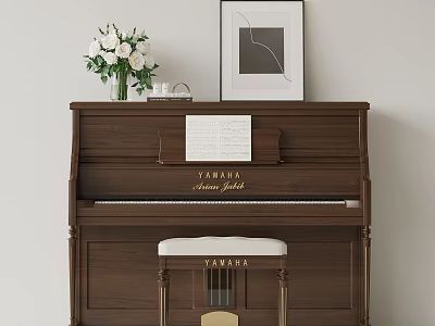 Yamaha Arius Upright Piano with Sheet Music Framed Artwork and White Flower Vase 3d model