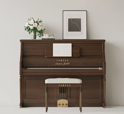 Yamaha Arius Upright Piano with Sheet Music Framed Artwork and White Flower Vase 3d model