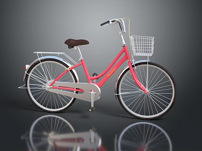 Pink City Bicycle With Brown Seat Front Wire Basket And White Spokes 3d model