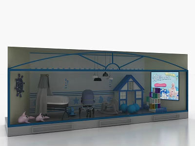Baby Products Window Display With Bed Chair Toy House Stuffed Toys And Screen 3d model