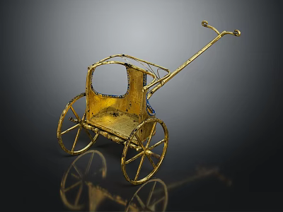 Ornate Golden Cart With Wheels Handle Canopy And Reflection On Black Background 3d model