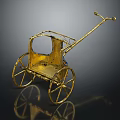 Ornate Golden Cart With Wheels Handle Canopy And Reflection On Black Background