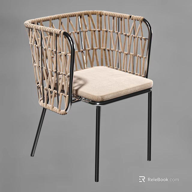 Modern Leisure Chair With Woven Backrest Armrest Black Metal Frame Beige Padded Seat 3d model 