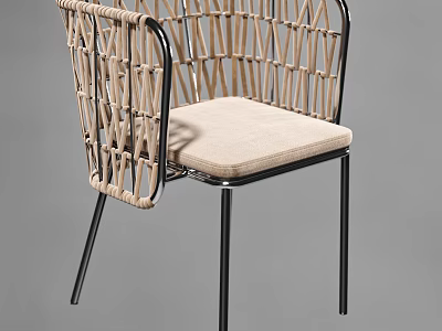 Modern Leisure Chair With Woven Backrest Armrest Black Metal Frame Beige Padded Seat 3d model