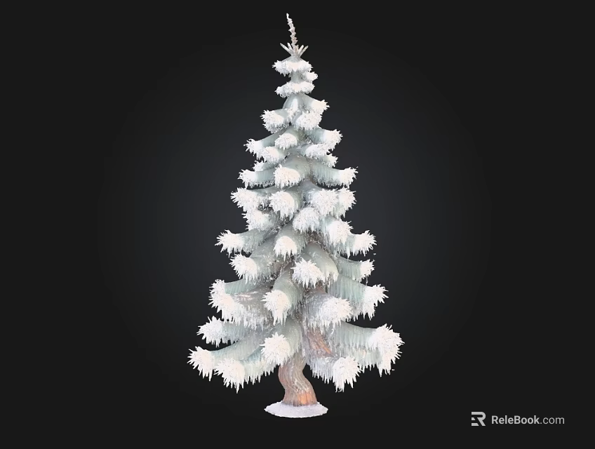 Snow Covered Pine Tree With Brown Trunk And White Snow On Branches Against Black Background 3d model 