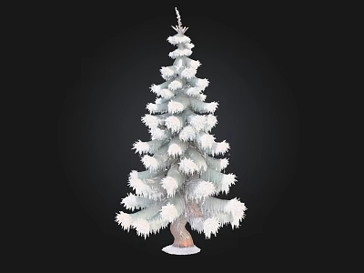 Snow Covered Pine Tree With Brown Trunk And White Snow On Branches Against Black Background 3d model