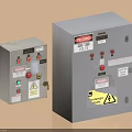 Gray Electrical Control Boxes With Buttons Indicator Lights And Warning Labels 3d model