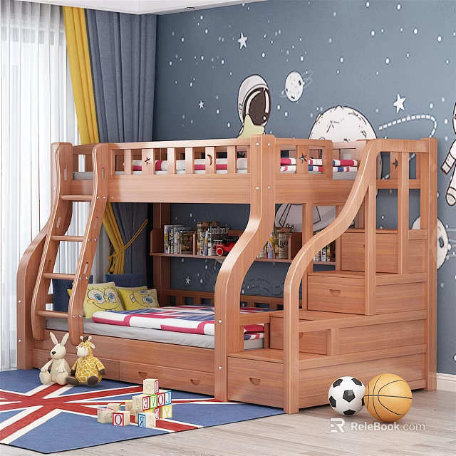 Wooden Bunk Bed with Storage Drawers and Ladder in Space Themed Kids Room 3d model 