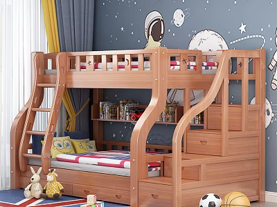 Wooden Bunk Bed with Storage Drawers and Ladder in Space Themed Kids Room 3d model