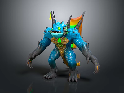 Blue Game Movie Character With Glowing Eyes Horns Orange Fins Green Patterns And Sharp Claws 3d model