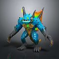 Blue Game Movie Character With Glowing Eyes Horns Orange Fins Green Patterns And Sharp Claws