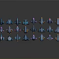 Small Blue Space Rockets Arranged in Cosmic Constellation with Yellow Details on Dark Background