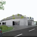 Modern Commercial Street with Glass Facade Rooftop Greenery Pedestrians Walking and Sunlit Shops