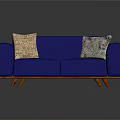 Stylish Blue Sofa With Two Patterned Cushions And Wooden Legs For Living Room