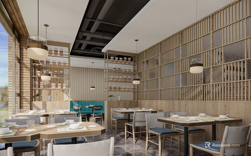 Modern Restaurant Interior With Wooden Lattice Walls Dining Tables And Pendant Lights 3d model 